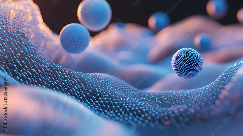 Poster abstract 3d rendering background with blue bouncing balls.