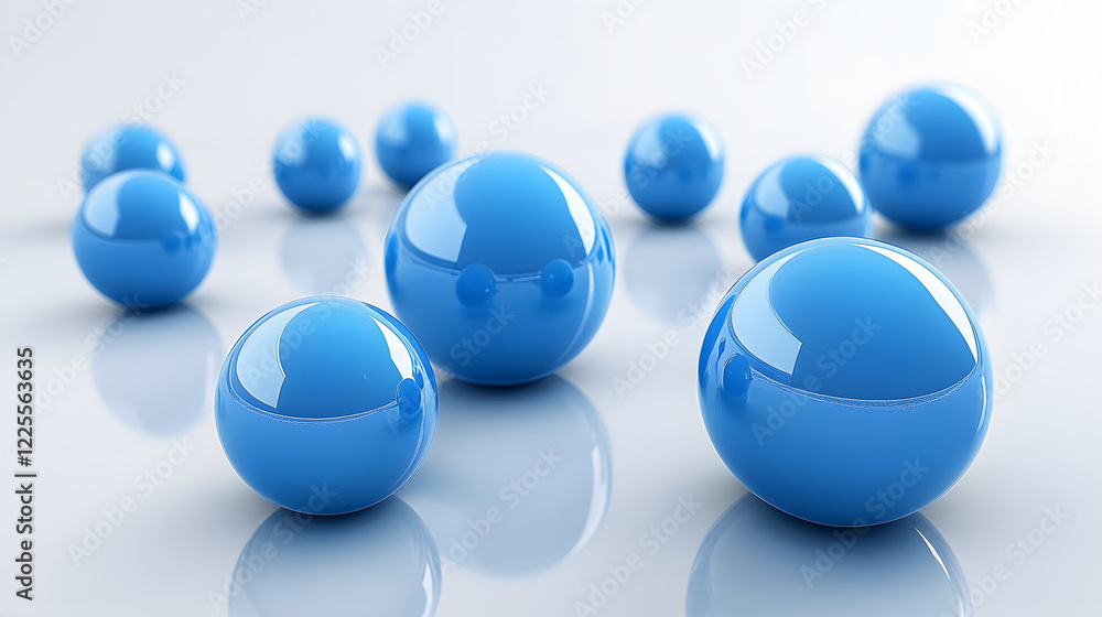 Poster abstract 3d rendering background with blue bouncing balls.