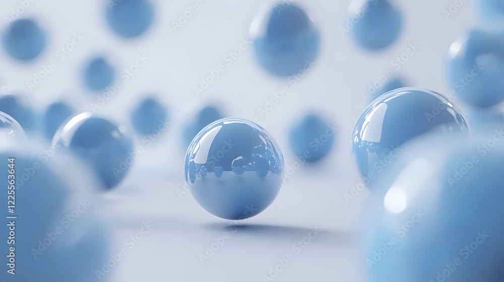 Poster abstract 3d rendering background with blue bouncing balls.