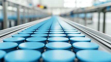 Fototapeta premium A close-up view of blue containers on a conveyor belt in a modern factory.