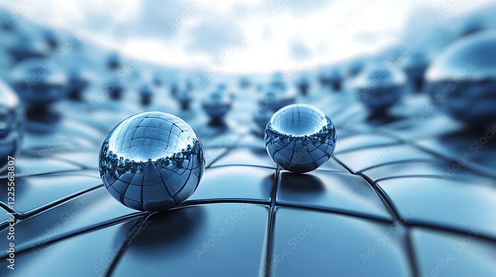 Poster abstract 3d rendering background with blue bouncing balls.