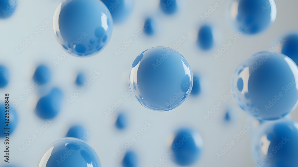 Poster abstract 3d rendering background with blue bouncing balls.
