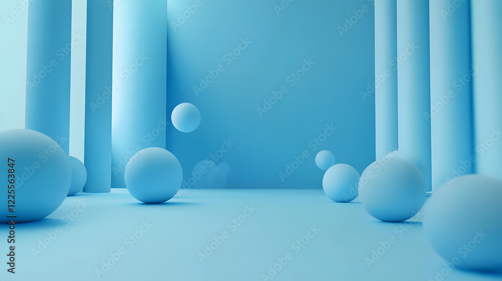 Poster abstract 3d rendering background with blue bouncing balls.