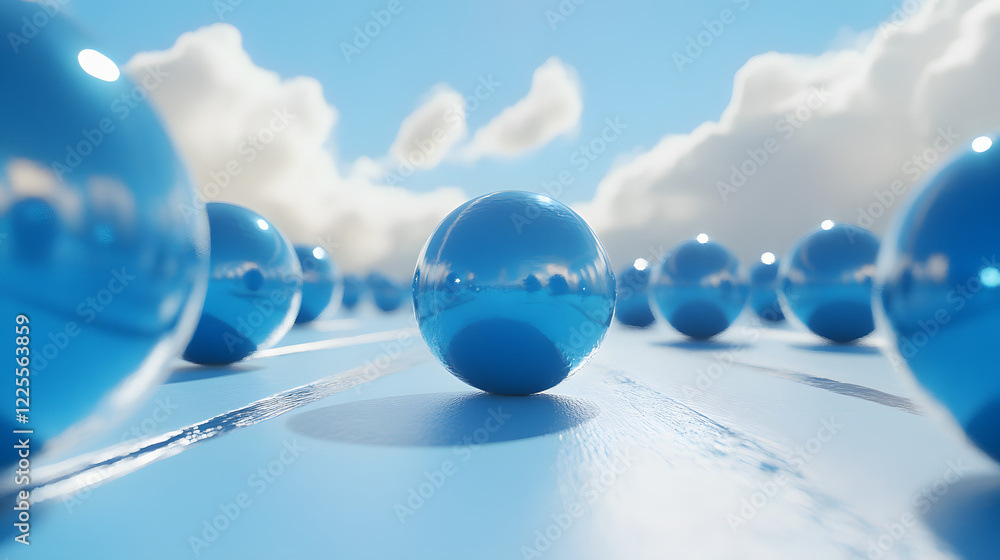 Poster abstract 3d rendering background with blue bouncing balls.