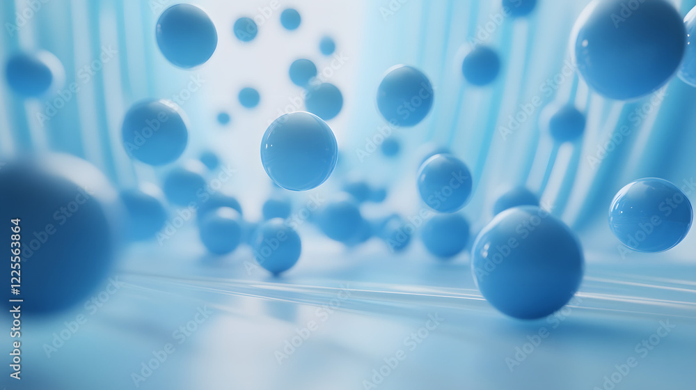 Poster abstract 3d rendering background with blue bouncing balls.