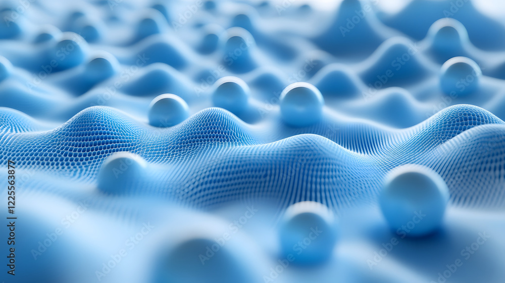 Poster abstract 3d rendering background with blue bouncing balls.