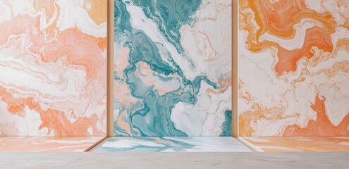 Abstract Marble Wall: A captivating backdrop with three panels of swirling teal, orange, and white marble patterns, creating a modern and stylish aesthetic for product displays or design inspiration.