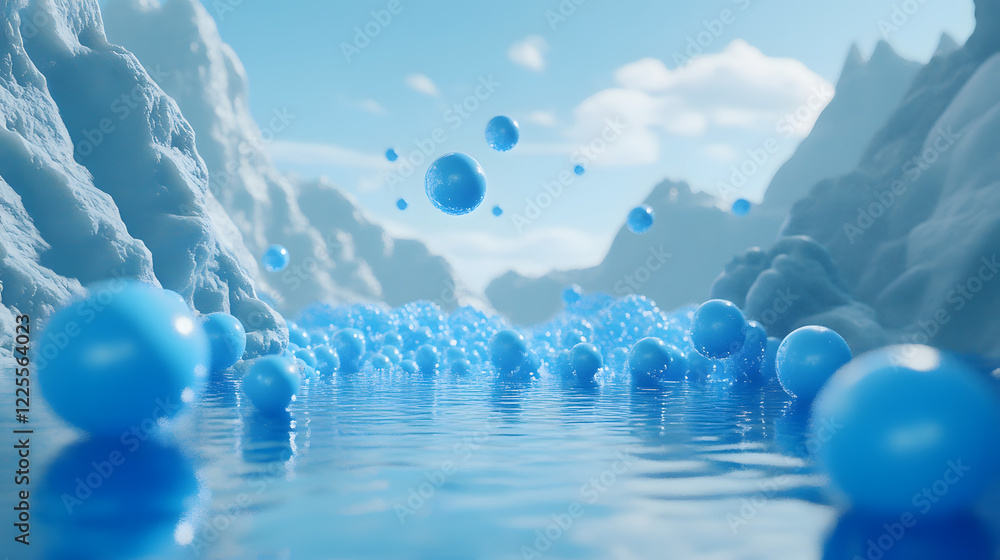 Poster abstract 3d rendering background with blue bouncing balls.