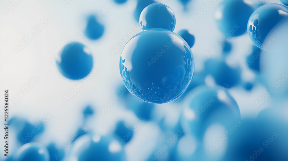 Poster abstract 3d rendering background with blue bouncing balls.