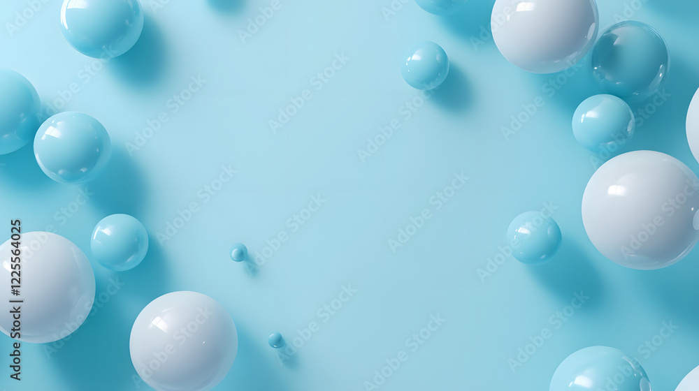 Poster abstract 3d rendering background with blue bouncing balls.
