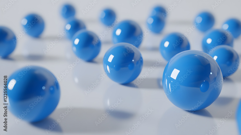 Poster abstract 3d rendering background with blue bouncing balls.