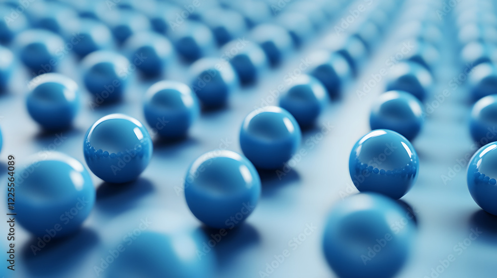 Poster abstract 3d rendering background with blue bouncing balls.