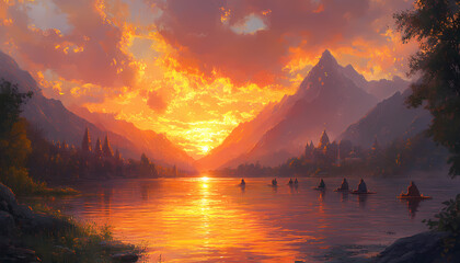 A diverse group of individuals meditating together under a golden sky, promoting relaxation and mindfulness in a peaceful outdoor setting