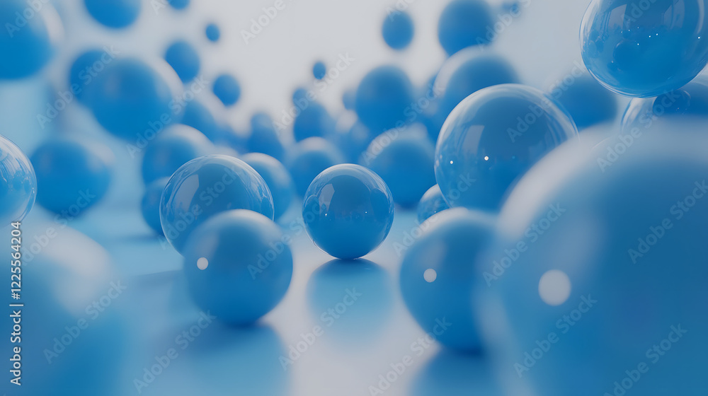 Poster abstract 3d rendering background with blue bouncing balls.