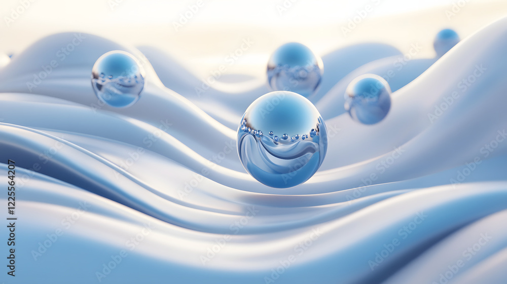 Poster abstract 3d rendering background with blue bouncing balls.