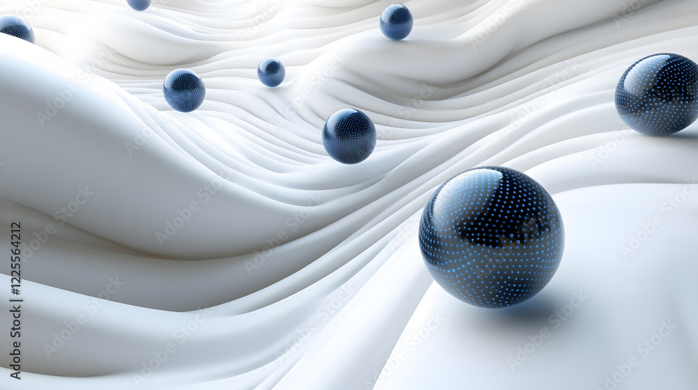 Poster abstract 3d rendering background with blue bouncing balls.
