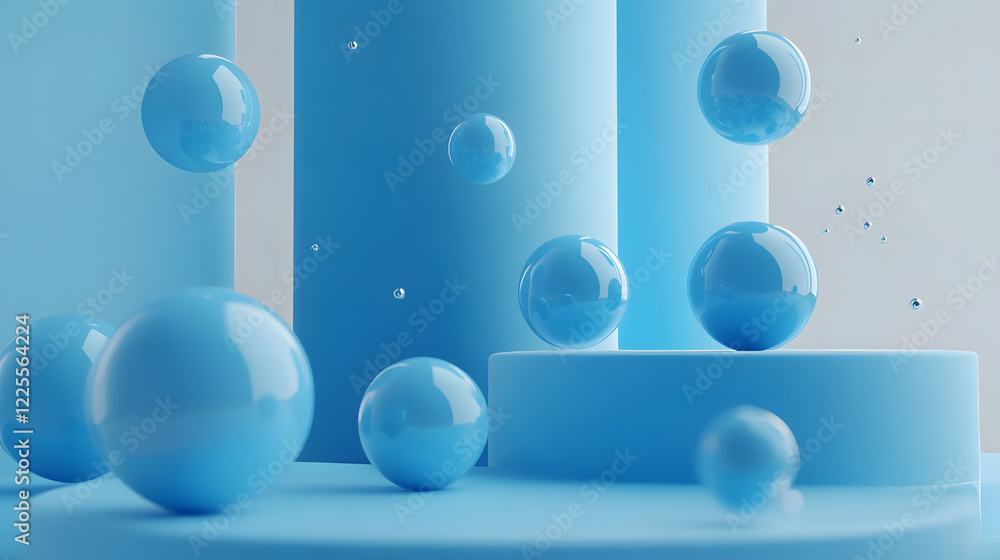 Poster abstract 3d rendering background with blue bouncing balls.