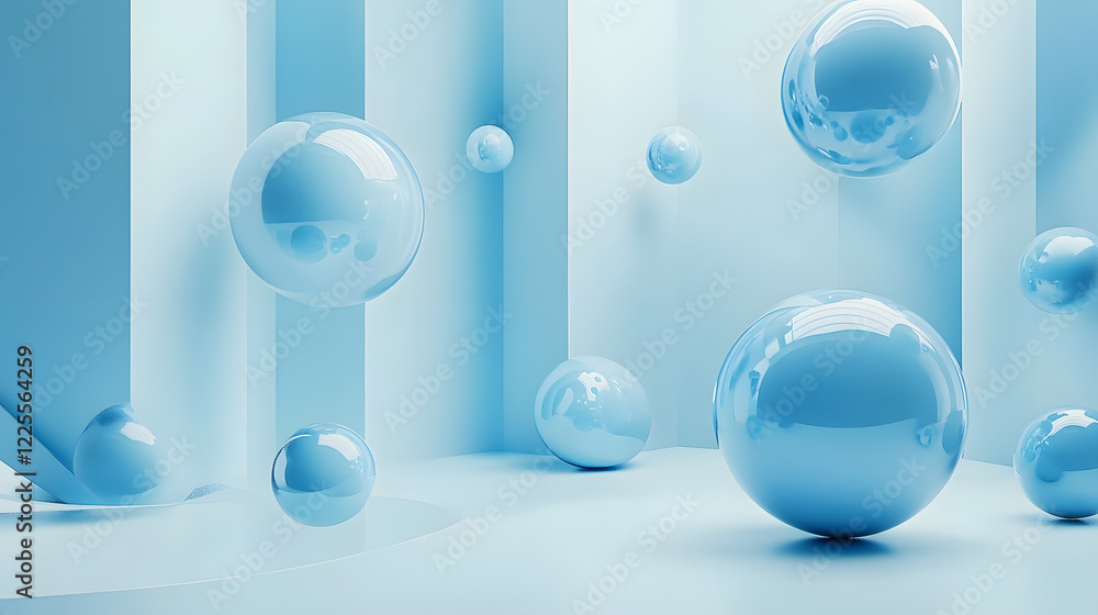 Poster abstract 3d rendering background with blue bouncing balls.
