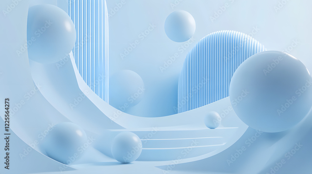 Poster abstract 3d rendering background with blue bouncing balls.