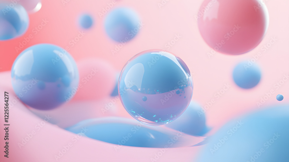 Poster abstract 3d rendering background with blue bouncing balls.