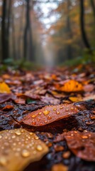 A serene forest path covered with autumn leaves glistening with raindrops. The tranquility invites you to explore nature. Experience the beauty of this landscape. Generative AI