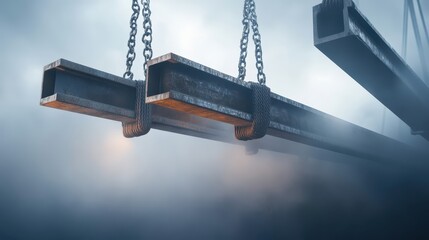 Crane lifting steel beams at construction site with dust and smoke