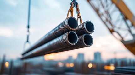 Crane lifting steel beams and pipes at construction site during daytime work operations