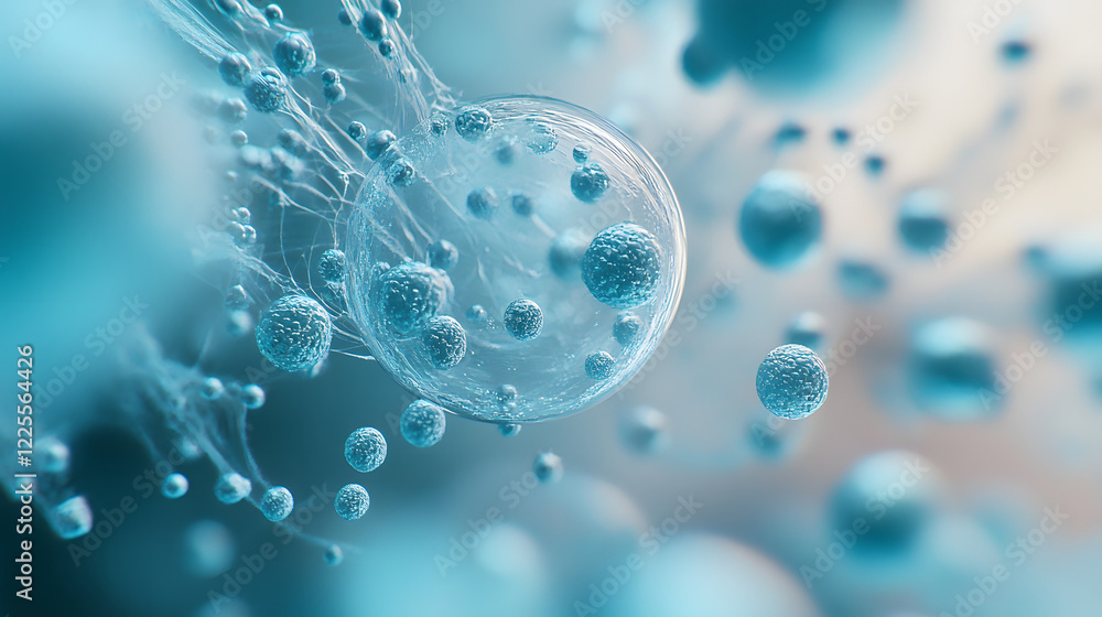 Poster abstract 3d rendering background with blue bouncing balls.