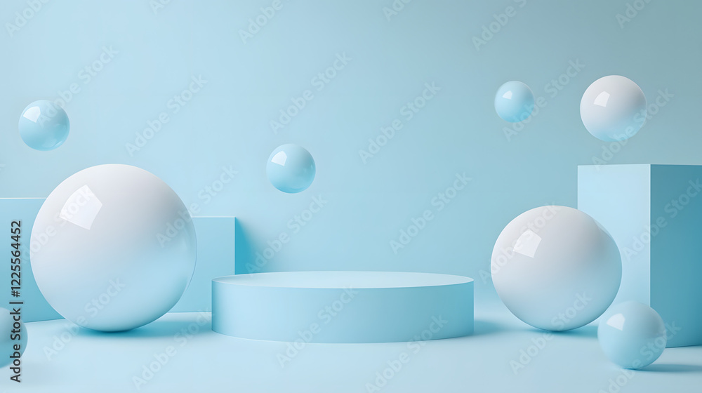 Poster abstract 3d rendering background with blue bouncing balls.