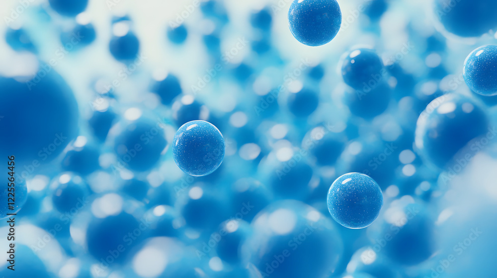 Poster abstract 3d rendering background with blue bouncing balls.