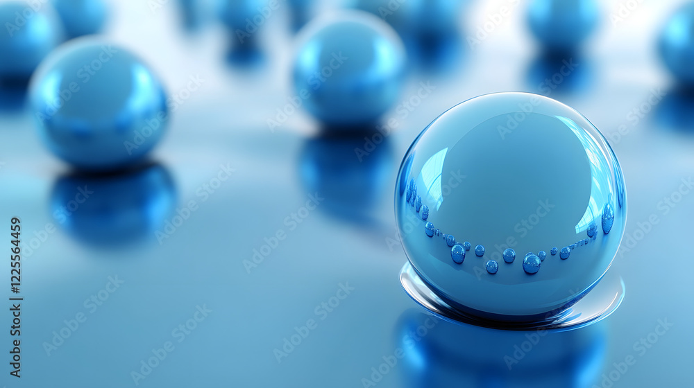 Poster abstract 3d rendering background with blue bouncing balls.
