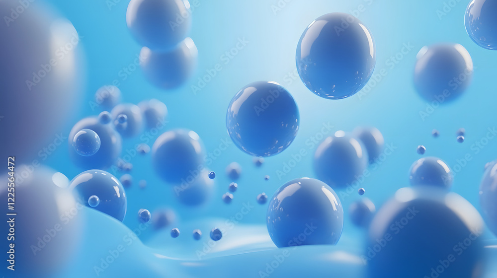 Poster abstract 3d rendering background with blue bouncing balls.