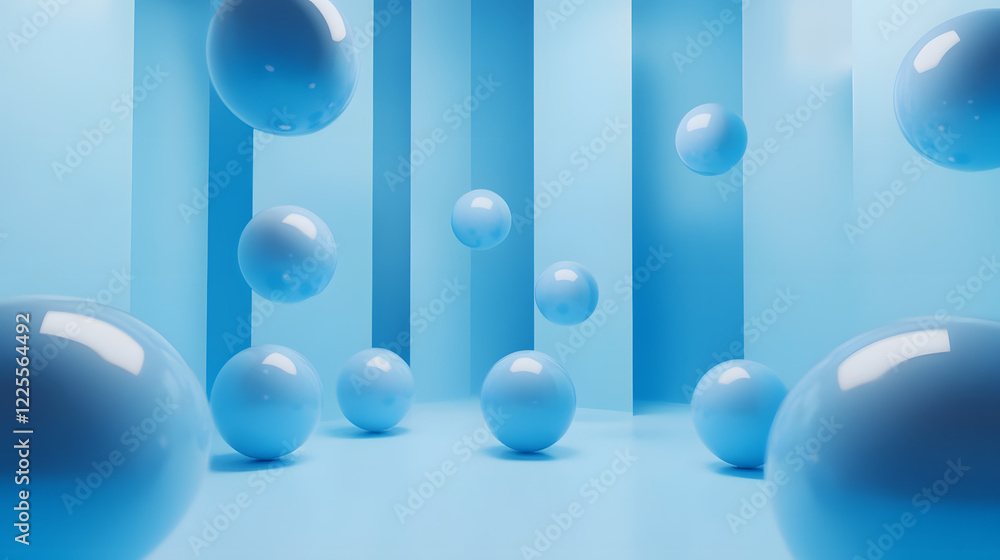 Poster abstract 3d rendering background with blue bouncing balls.
