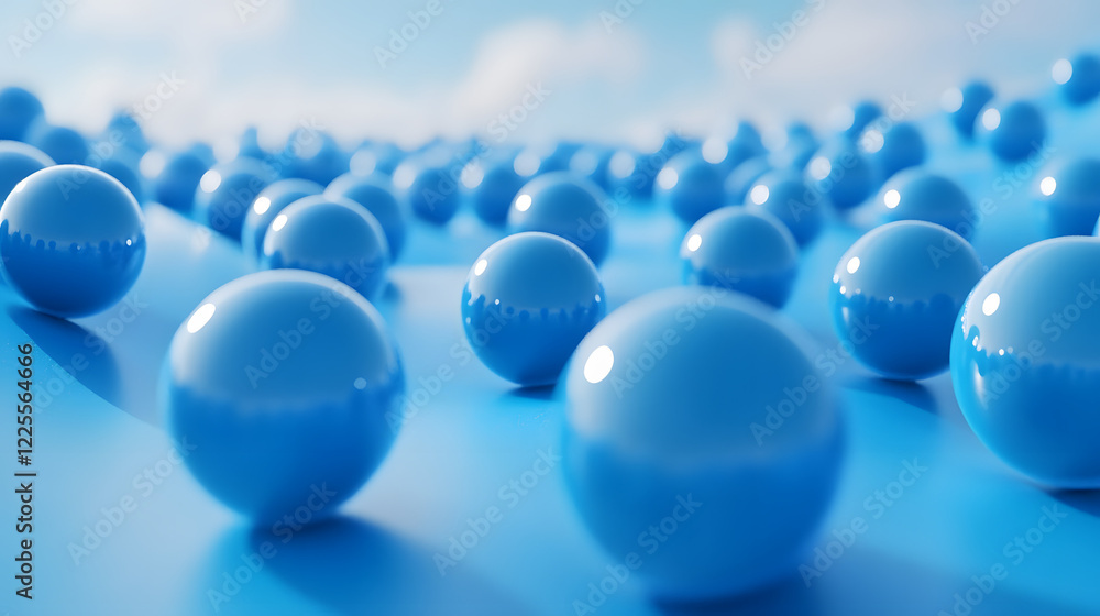 Poster abstract 3d rendering background with blue bouncing balls.