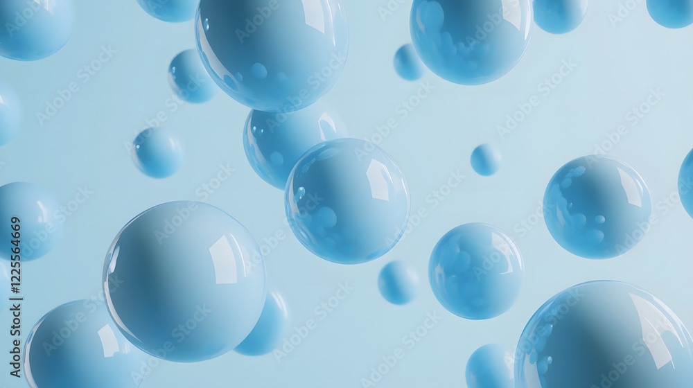 Poster abstract 3d rendering background with blue bouncing balls.