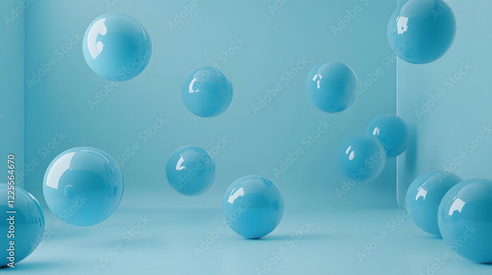 Poster abstract 3d rendering background with blue bouncing balls.