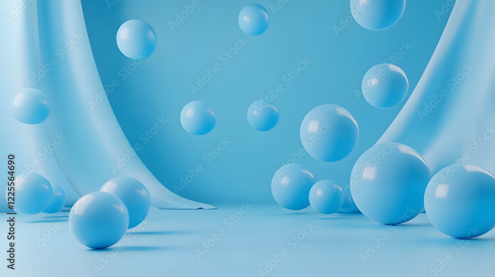 Poster abstract 3d rendering background with blue bouncing balls.