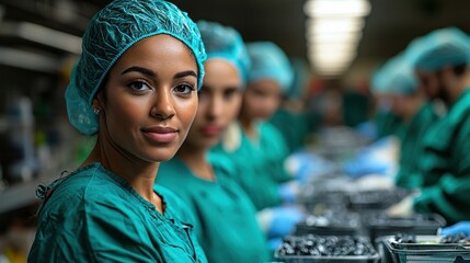 Focused Female Worker in Green Uniforms in Industrial Food Processing Facility