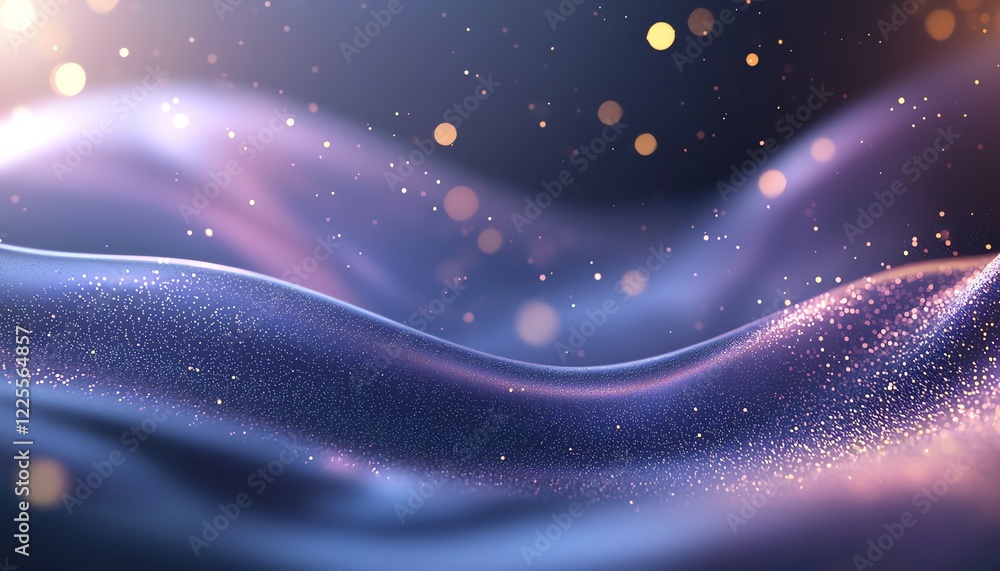 Poster a stunning abstract background featuring flowing waves of purple and blue with shimmering particles,