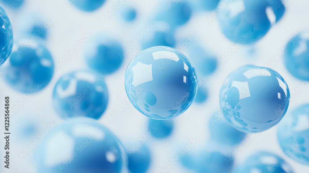 Poster abstract 3d rendering background with blue bouncing balls.