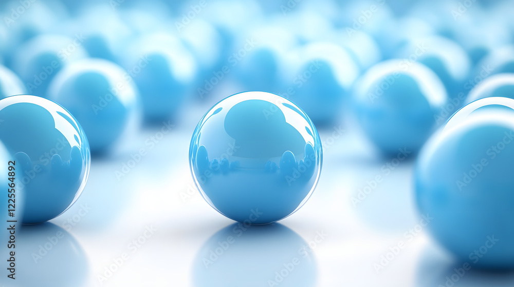 Poster abstract 3d rendering background with blue bouncing balls.