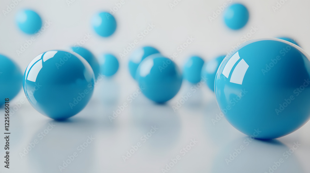 Poster abstract 3d rendering background with blue bouncing balls.