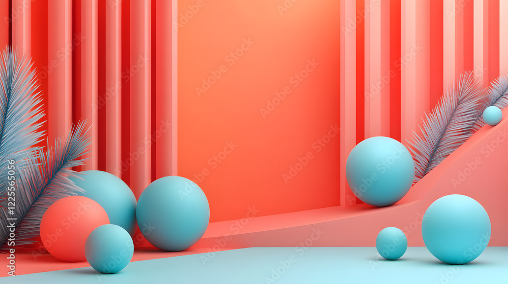Poster abstract 3d rendering background with blue bouncing balls.