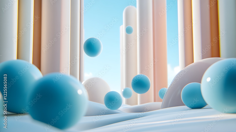 Poster abstract 3d rendering background with blue bouncing balls.