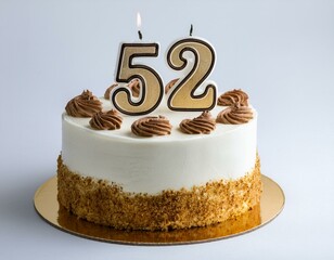 Decorated white cake for birthday or anniversary party, candle number 52, white background
