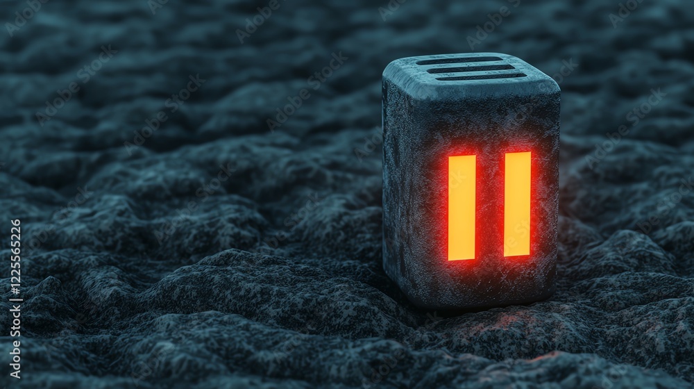 Poster a futuristic pause button glowing in a textured, abstract environment.
