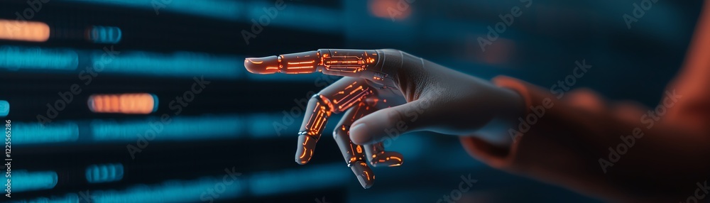 Poster a futuristic hand interacting with digital data in a high-tech environment.