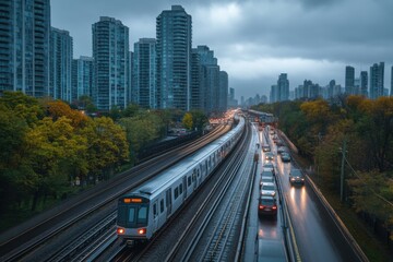 Obraz premium Subway train traveling through a rainy autumn cityscape with golden foliage and tall buildings in the background