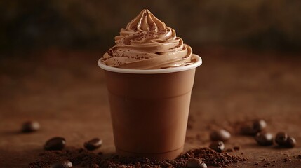 Disposable coffee cup against soft mocha mousse background, trendy and minimal