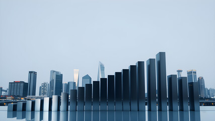 A modern city skyline with sleek buildings and glass facades, illuminated by the soft glow of daylight. In front is an abstract bar graph made from reflective metal strips. Generative AI